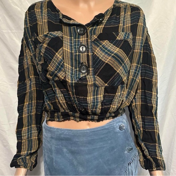 Free People Tops - Free People Black, Mustard & Blue Plaid Cropped Button-Front Top